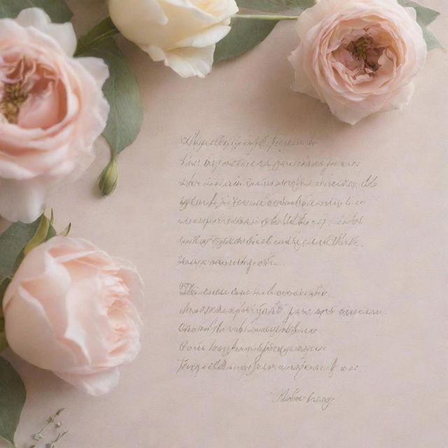 Aesthetic wallpaper adorned with a beautiful, handwritten verse from a romantic poem draped by soft, delicate flowers with a pale, pastel background