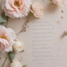 Aesthetic wallpaper adorned with a beautiful, handwritten verse from a romantic poem draped by soft, delicate flowers with a pale, pastel background