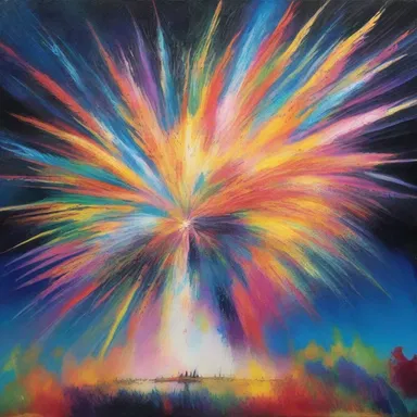 The artist painted a vibrant canvas depicting a colorful fusillade of fireworks.