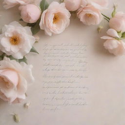 Aesthetic wallpaper adorned with a beautiful, handwritten verse from a romantic poem draped by soft, delicate flowers with a pale, pastel background