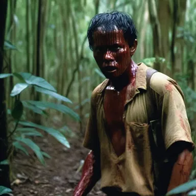 In the terrifying horror movie, a psychopath stalks his victims in the dense jungle with a blood-stained panga in hand.
