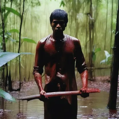 In the terrifying horror movie, a psychopath stalks his victims in the dense jungle with a blood-stained panga in hand.