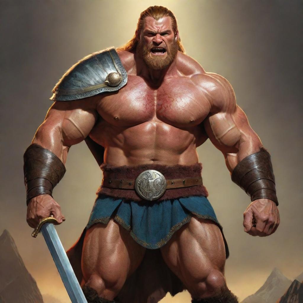 A vibrant cartoon representation of the hero, Beowulf, based on the epic tale. He should be portrayed with exaggerated muscles, a large sword, and traditional Nordic attire, all imbued with vibrant colors.