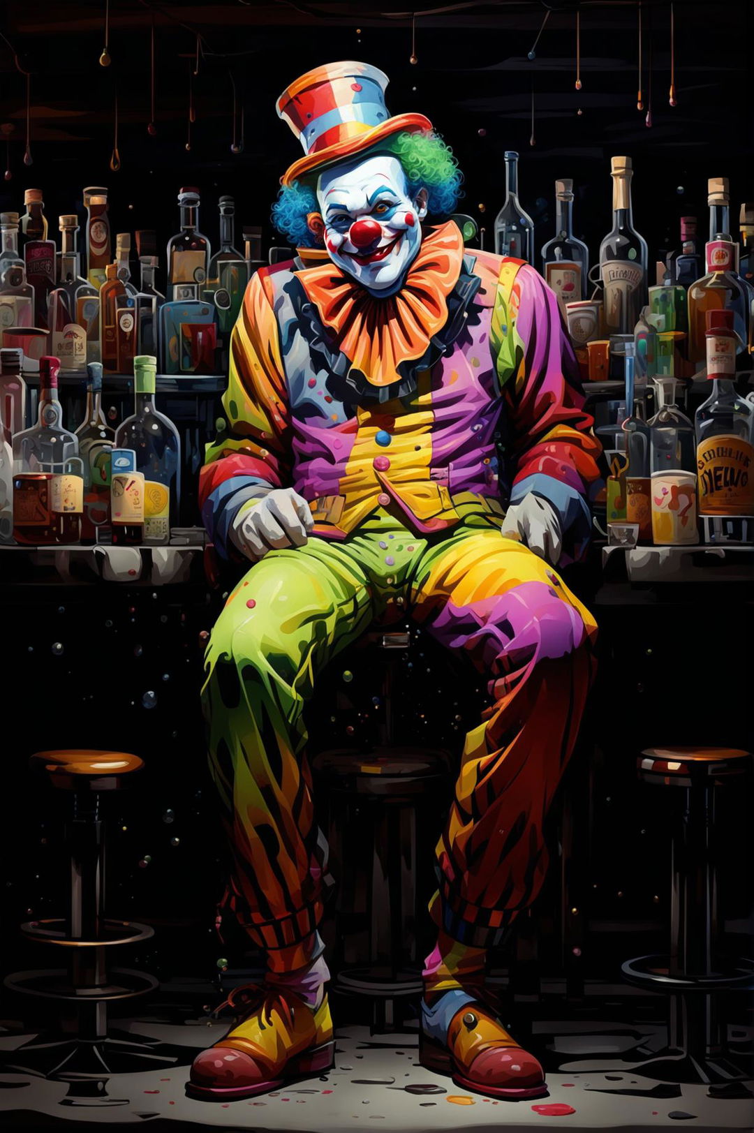 A unique, high-quality digital art illustration of a different clown, rendered in a semi-abstract style, having a drink at a bar