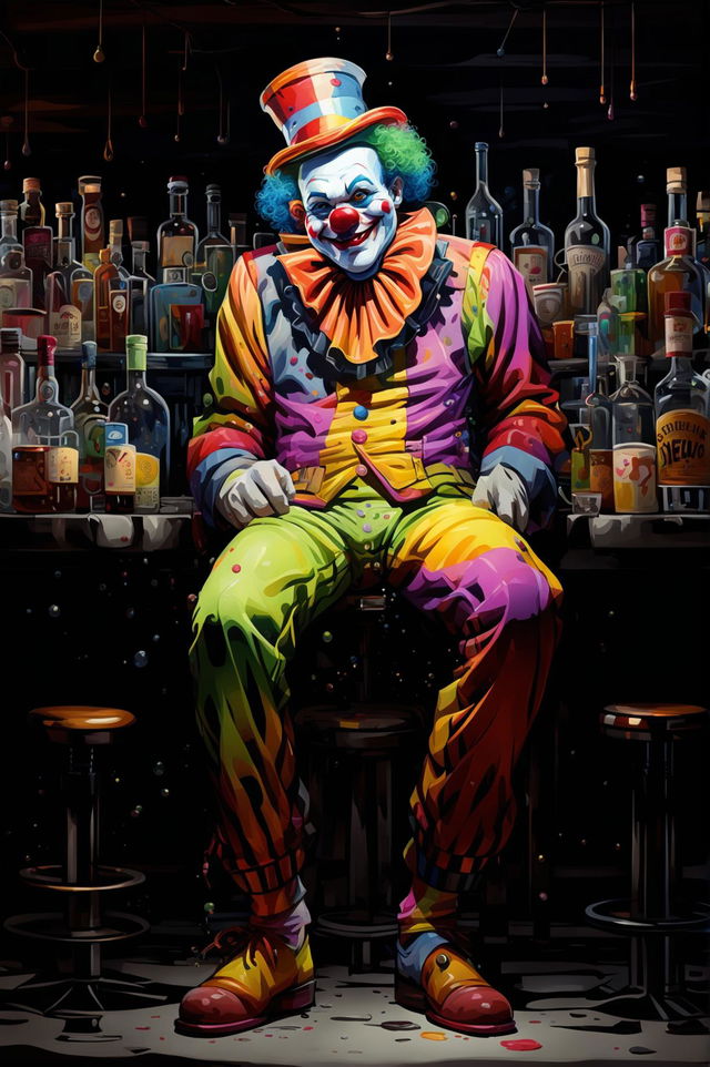 A unique, high-quality digital art illustration of a different clown, rendered in a semi-abstract style, having a drink at a bar