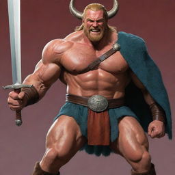 A vibrant cartoon representation of the hero, Beowulf, based on the epic tale. He should be portrayed with exaggerated muscles, a large sword, and traditional Nordic attire, all imbued with vibrant colors.