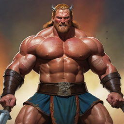 A vibrant cartoon representation of the hero, Beowulf, based on the epic tale. He should be portrayed with exaggerated muscles, a large sword, and traditional Nordic attire, all imbued with vibrant colors.