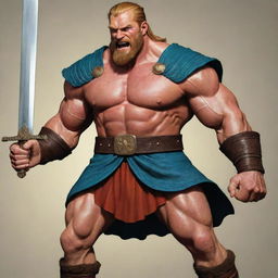 A vibrant cartoon representation of the hero, Beowulf, based on the epic tale. He should be portrayed with exaggerated muscles, a large sword, and traditional Nordic attire, all imbued with vibrant colors.