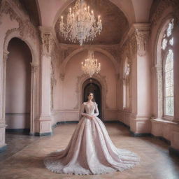 An elegant pastel gothic castle interior, populated by a beautiful woman in gothic attire, embellished by Baroque style details.