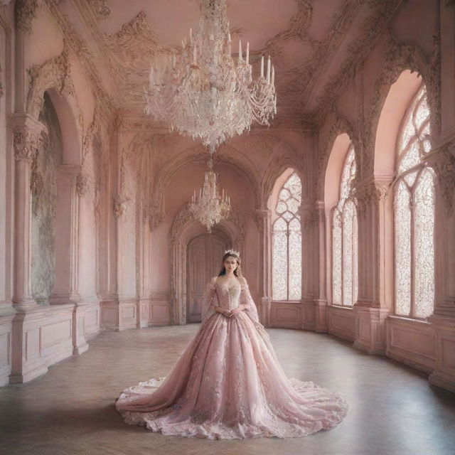 An elegant pastel gothic castle interior, populated by a beautiful woman in gothic attire, embellished by Baroque style details.