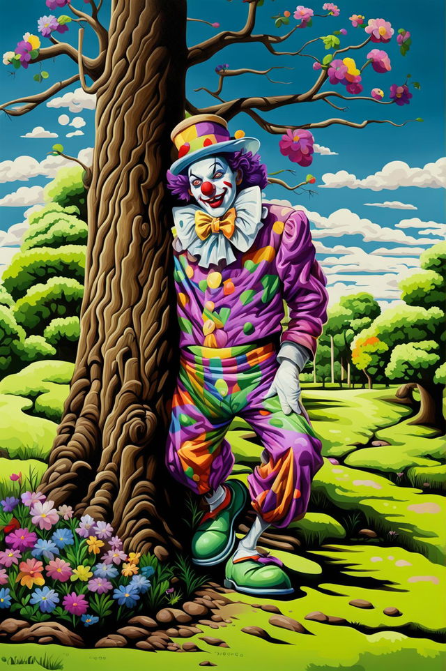 A captivating digital art illustration of a different clown, rendered in a semi-abstract style, engaged in mischievous antics in a park