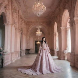 An elegant pastel gothic castle interior, populated by a beautiful woman in gothic attire, embellished by Baroque style details.