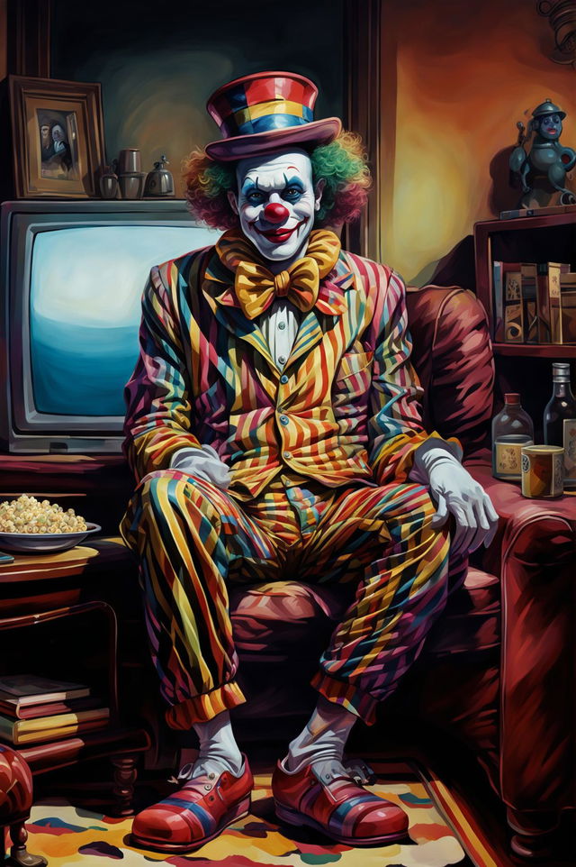 A unique, high-quality digital art illustration of a different clown, rendered in a stylized, semi-realistic style, attentively watching the news in his cozy living room