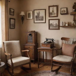 A charming, vintage-themed room filled with elements evoking nostalgia - a classic phonograph, a cozy rocking chair, antique wooden furniture, subtle rustic hues, and sepia-toned photographs on the walls.