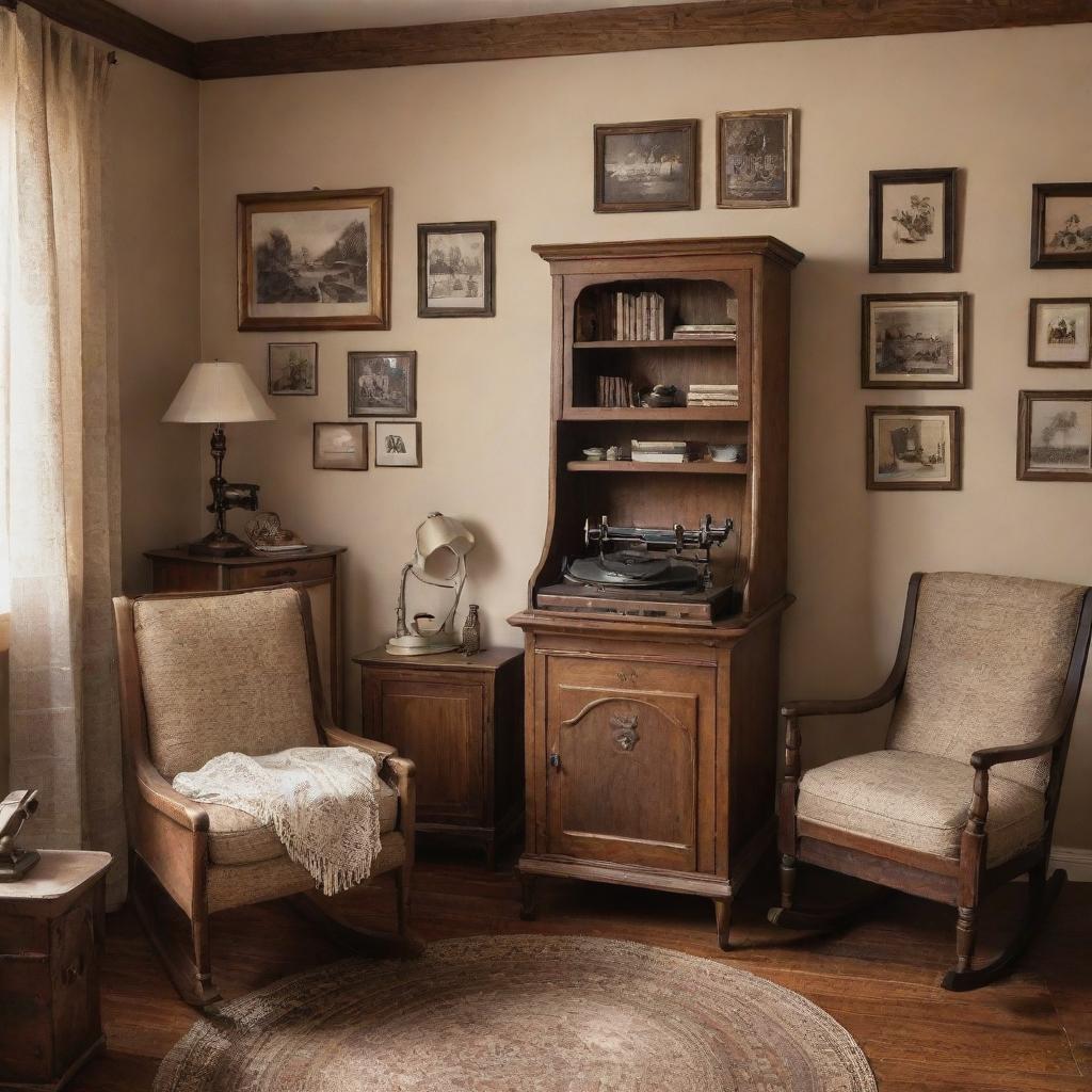 A charming, vintage-themed room filled with elements evoking nostalgia - a classic phonograph, a cozy rocking chair, antique wooden furniture, subtle rustic hues, and sepia-toned photographs on the walls.