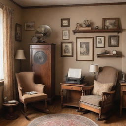 A charming, vintage-themed room filled with elements evoking nostalgia - a classic phonograph, a cozy rocking chair, antique wooden furniture, subtle rustic hues, and sepia-toned photographs on the walls.