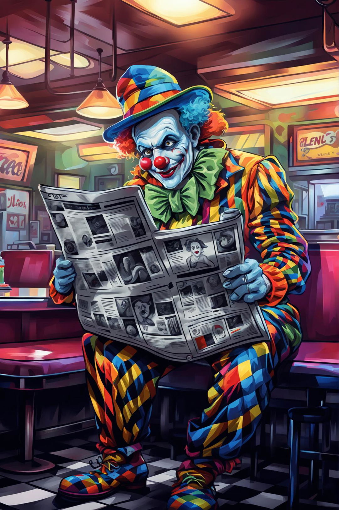 A unique, high-quality digital art illustration of a different clown, rendered in a semi-abstract style, engrossed in reading a newspaper at a diner