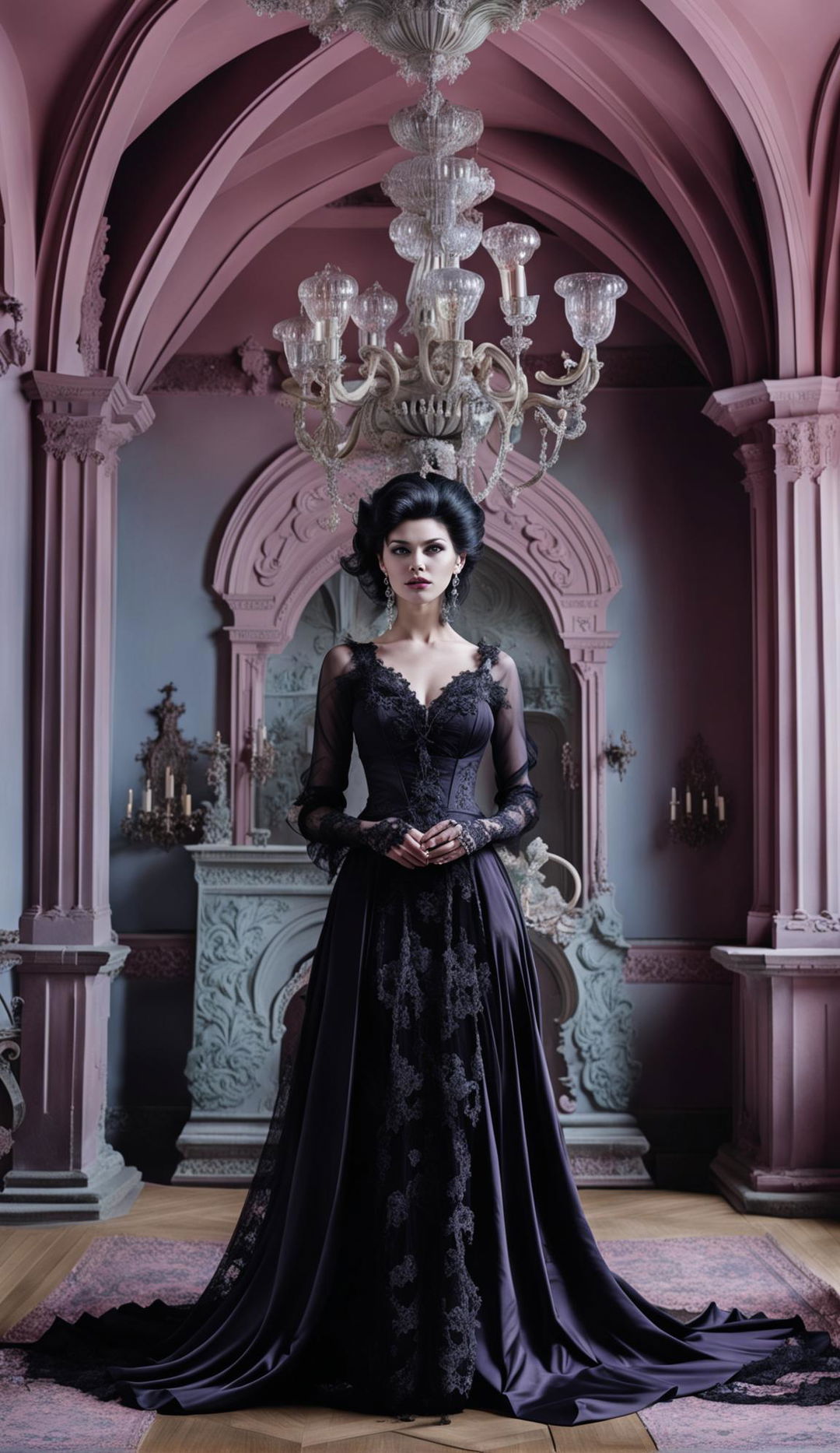 A pastel gothic castle interior with a beautiful gothic woman dressed in Baroque style.