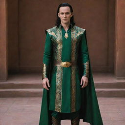 A full-body image of Loki, the Marvel character, dressed in traditional Indian attire