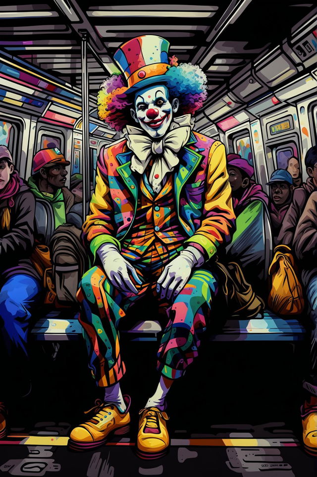 A unique, high-quality digital art illustration of a different clown, rendered in a semi-abstract style, riding on the subway