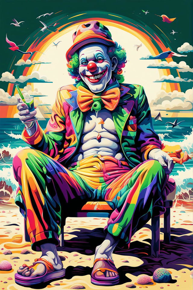 A unique, high-quality digital art illustration of a different clown, rendered in a stylized, semi-abstract style, enjoying a day at the beach