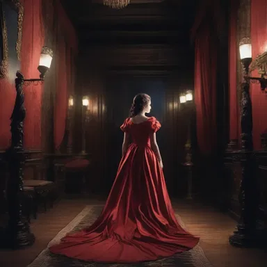 As she walked through the haunted mansion, the woman's blood-red frock billowed ominously behind her.