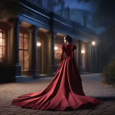 As she walked through the haunted mansion, the woman's blood-red frock billowed ominously behind her.