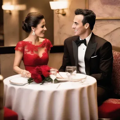 For their anniversary date, he surprised her by taking her to a fancy restaurant where she wore a stunning red frock.