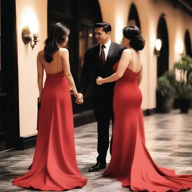 For their anniversary date, he surprised her by taking her to a fancy restaurant where she wore a stunning red frock.