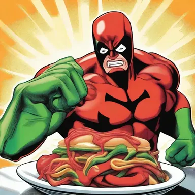 As the superhero took a bite of the spicy villain's creation, his face contorted in response to the raciness of the flavor.