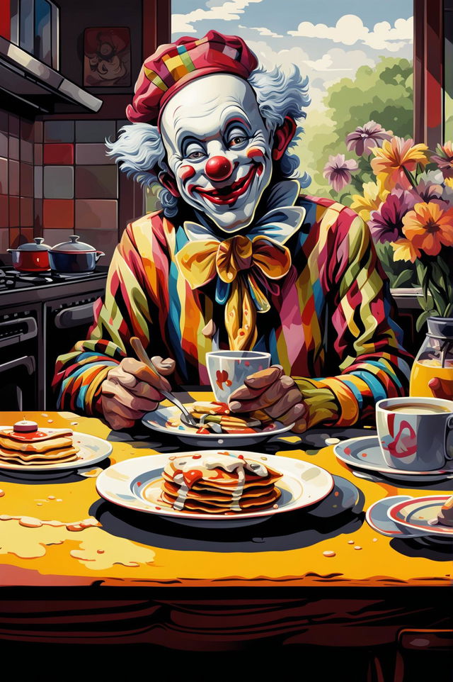 A unique, high-quality digital art illustration of a different clown, rendered in a stylized, semi-abstract style, having breakfast