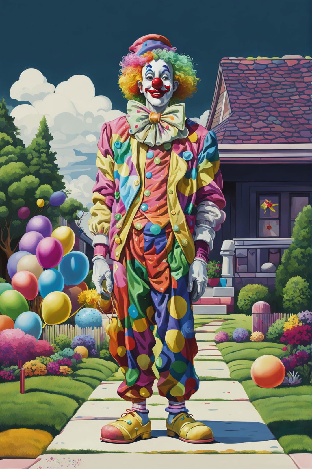 A vibrant, high-quality digital art illustration of a distinct clown, rendered in a unique, stylized manner, standing outside a house and holding colorful balloons