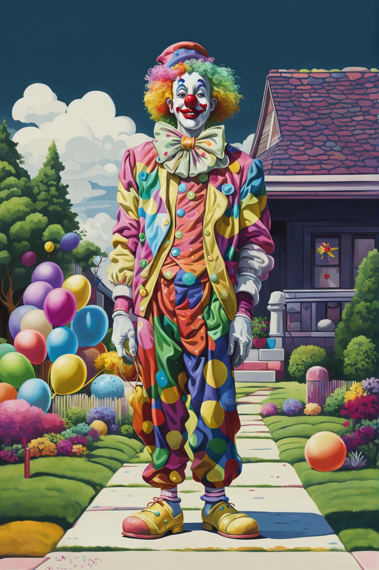 A vibrant, high-quality digital art illustration of a distinct clown, rendered in a unique, stylized manner, standing outside a house and holding colorful balloons