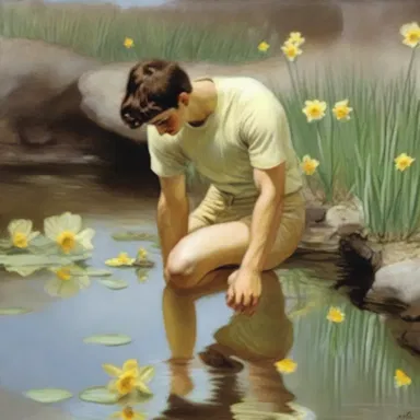 In Greek mythology, Narcissus preened himself after seeing his reflection in a pool of water.