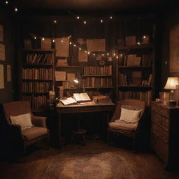 A dimly lit cozy stage with vintage aesthetic, a microphone stand at the center, scattered antique furniture with stacks of well-loved poetry books and loose pages with handwritten verses, fairy lights twinkling gently in the dusky ambience.