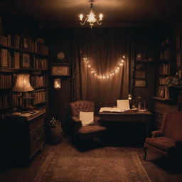 A dimly lit cozy stage with vintage aesthetic, a microphone stand at the center, scattered antique furniture with stacks of well-loved poetry books and loose pages with handwritten verses, fairy lights twinkling gently in the dusky ambience.