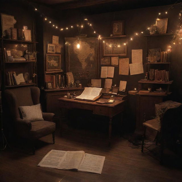 A dimly lit cozy stage with vintage aesthetic, a microphone stand at the center, scattered antique furniture with stacks of well-loved poetry books and loose pages with handwritten verses, fairy lights twinkling gently in the dusky ambience.