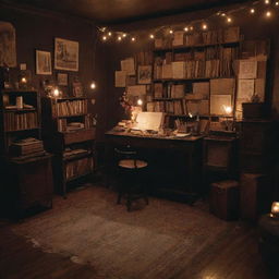 A dimly lit cozy stage with vintage aesthetic, a microphone stand at the center, scattered antique furniture with stacks of well-loved poetry books and loose pages with handwritten verses, fairy lights twinkling gently in the dusky ambience.