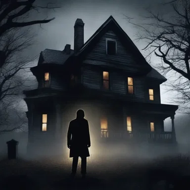 The haunted house was engulfed in darkness, and the protagonist reluctantly entrusted his fate to a mysterious stranger.