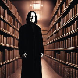 An intricately detailed digital art piece portraying Severus Snape, clad in his usual black robes, managing an antiquated bookstore