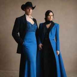 A man in a stylish western black suit standing next to a woman elegantly dressed in a blue gown