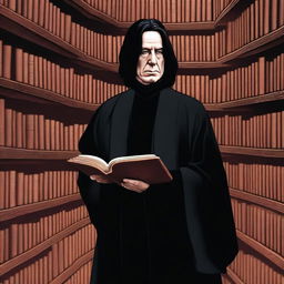 An intricately detailed digital art piece portraying Severus Snape, clad in his usual black robes, managing an antiquated bookstore