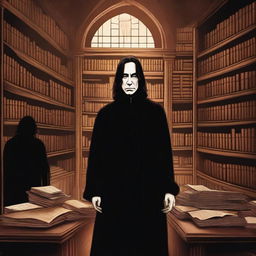 An intricately detailed digital art piece portraying Severus Snape, clad in his usual black robes, managing an antiquated bookstore