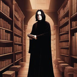 An intricately detailed digital art piece portraying Severus Snape, clad in his usual black robes, managing an antiquated bookstore