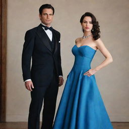 A man in a stylish western black suit standing next to a woman elegantly dressed in a blue gown