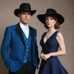 A man in a stylish western black suit standing next to a woman elegantly dressed in a blue gown