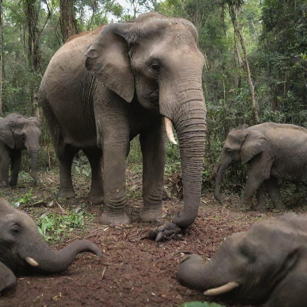 A swarm of ants nibbling on a fallen elephant in the jungle