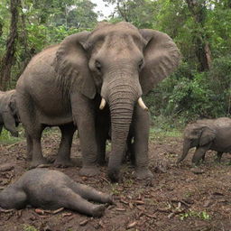 A swarm of ants nibbling on a fallen elephant in the jungle