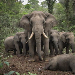 A swarm of ants nibbling on a fallen elephant in the jungle