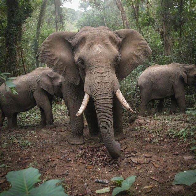 A swarm of ants nibbling on a fallen elephant in the jungle